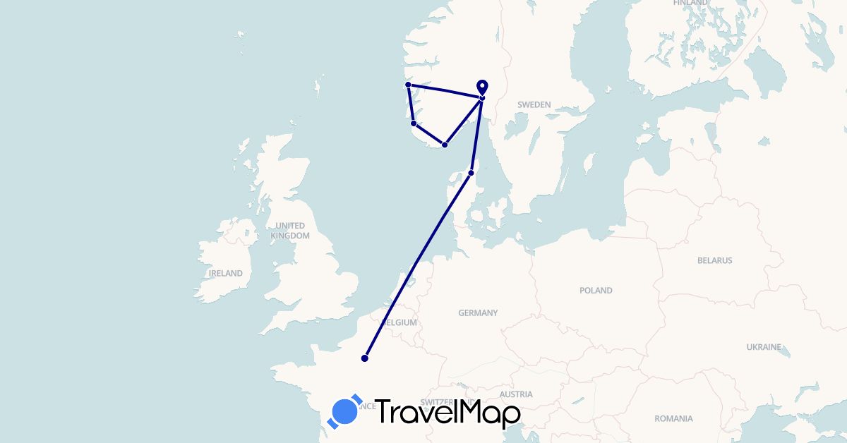 TravelMap itinerary: driving in Denmark, France, Norway (Europe)